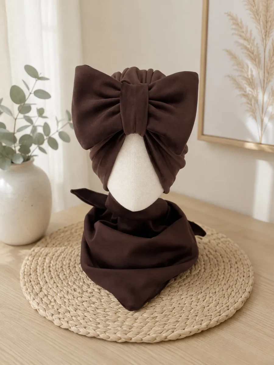 Komplet welurowy turban z kokardą i chusta (brązowy)