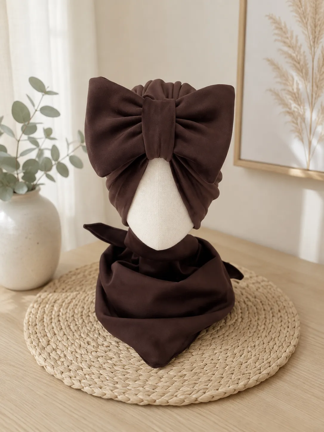 Komplet welurowy turban z kokardą i chusta (brązowy)