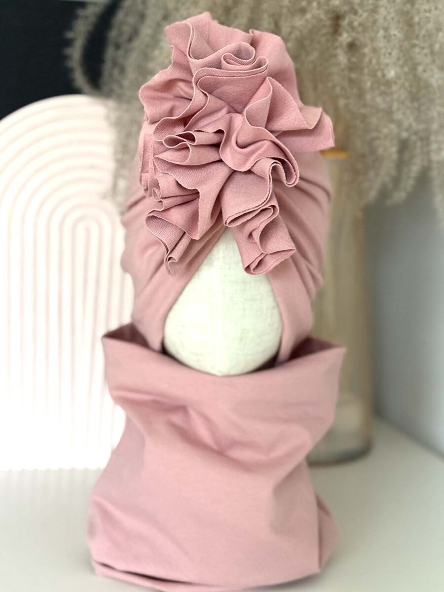 Komplet turban z falbaną i komin (pudrowy róż)