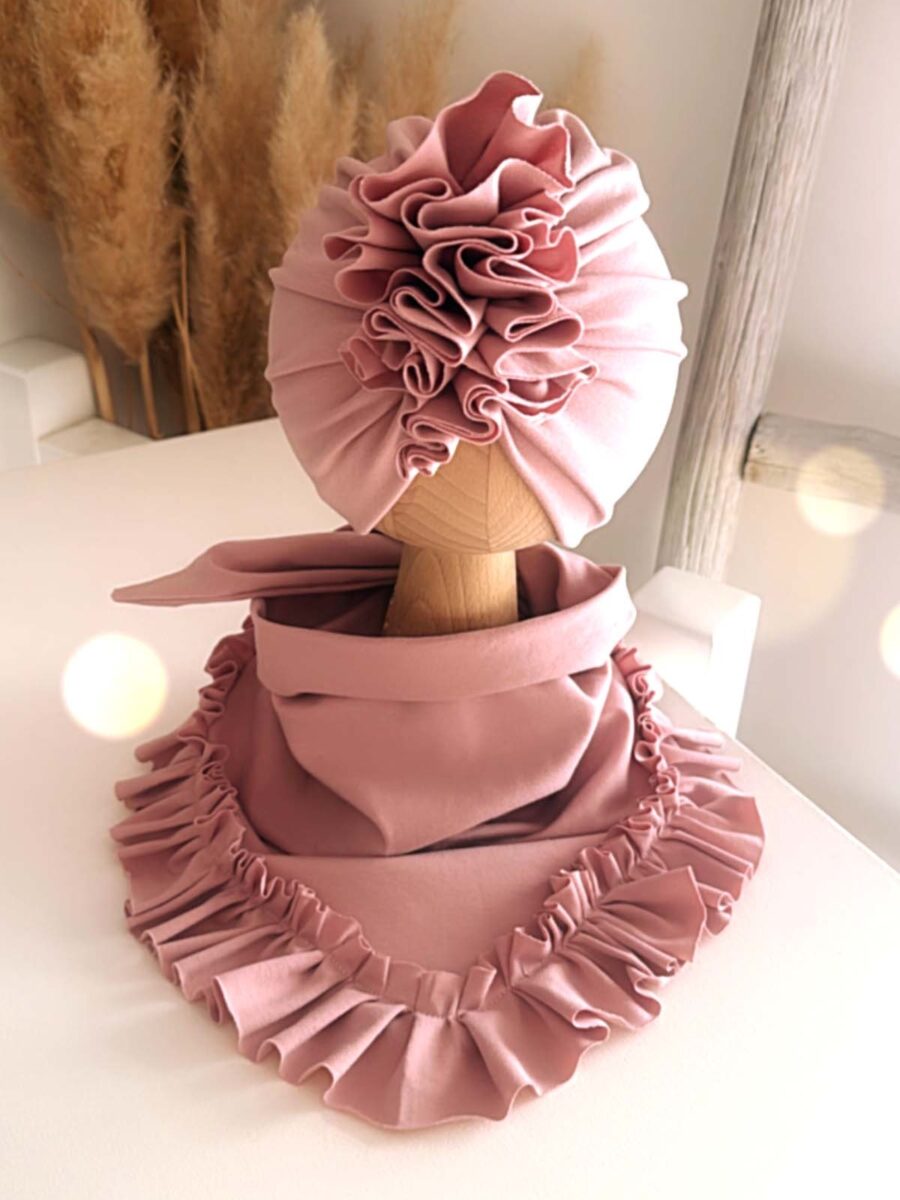 Komplet turban z falbaną i chusta z falbaną (pudrowy róż)