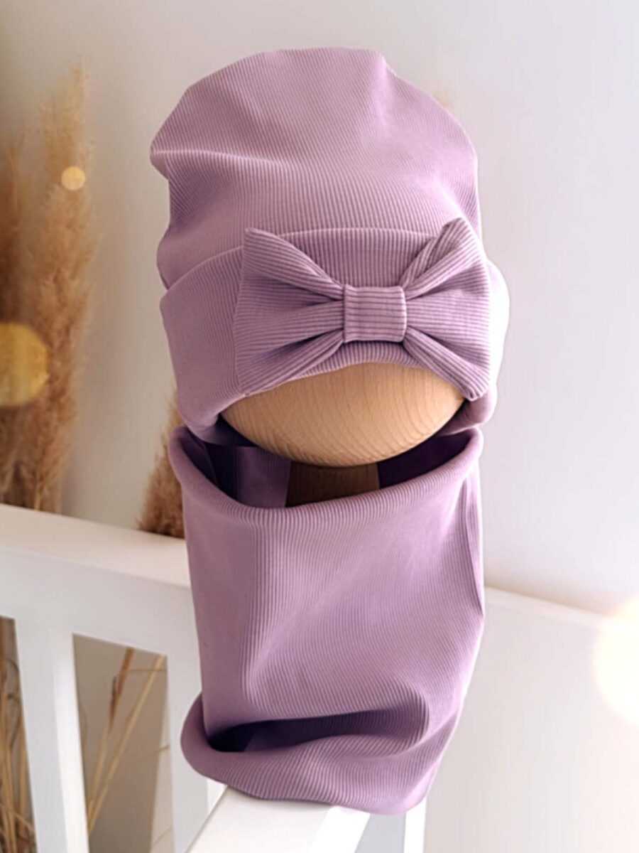 Komplet czapka beanie i komin prążek (jasny fiolet)