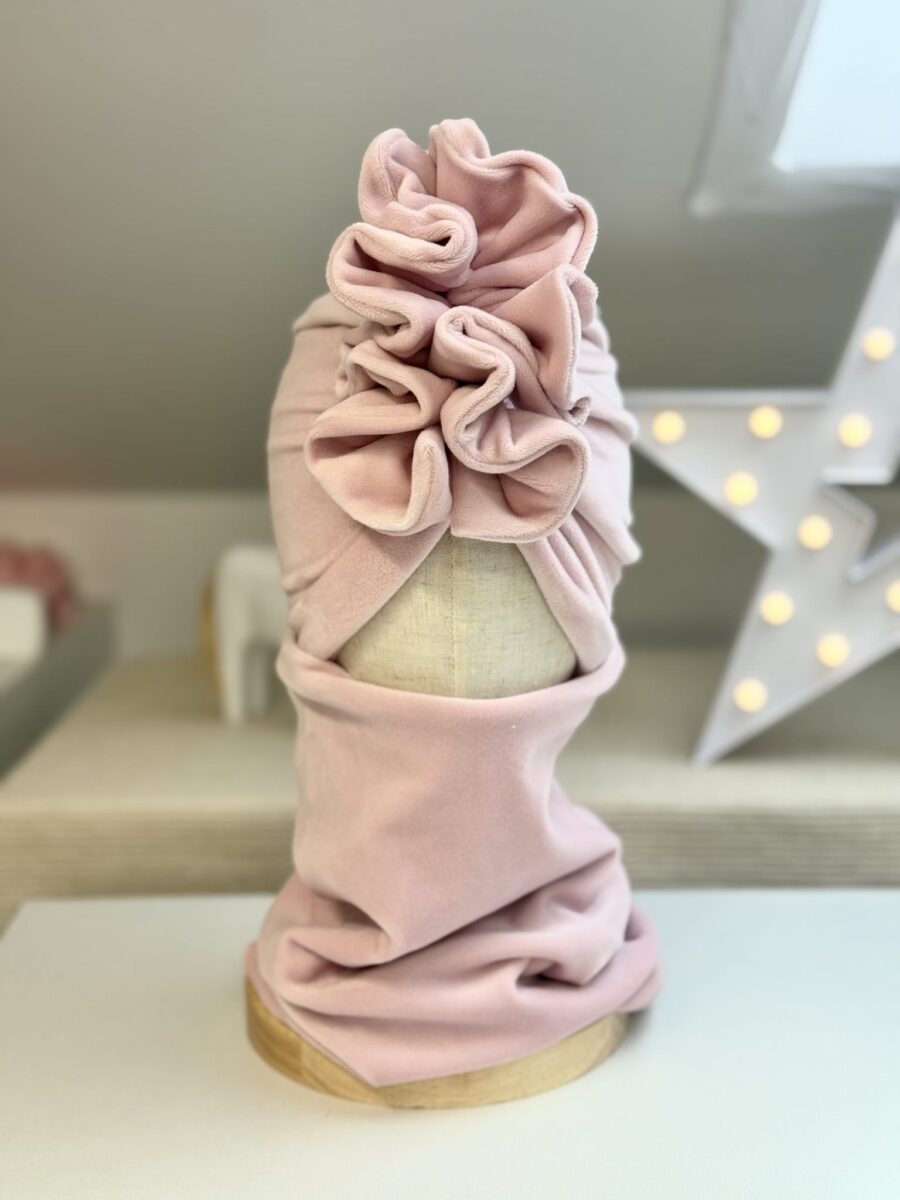 Komplet welurowy turban i komin (pudrowy jasny róż)