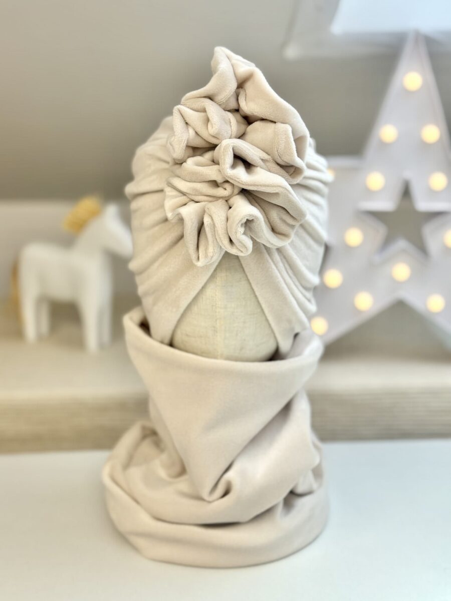 Komplet welurowy turban i komin (jasny beż)