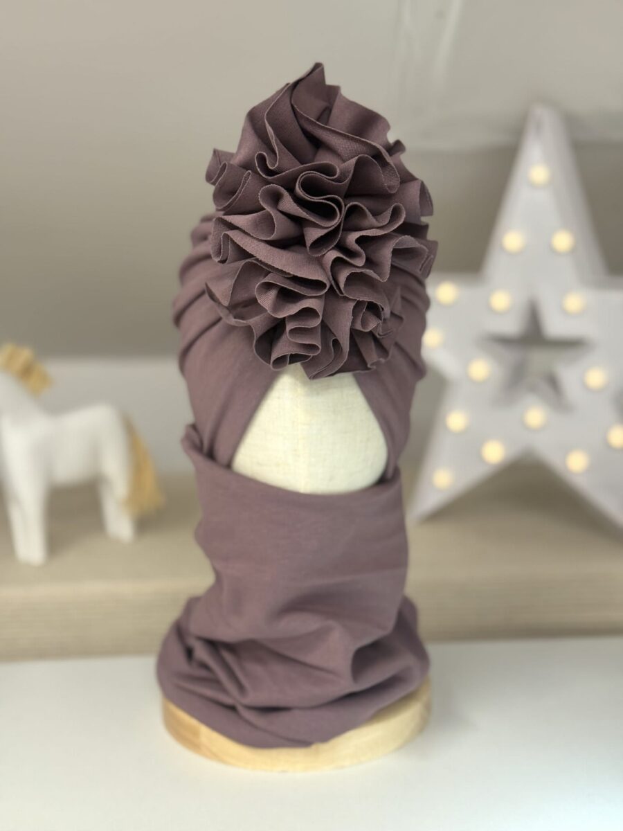 Komplet turban z falbaną i komin (śliwkowy)
