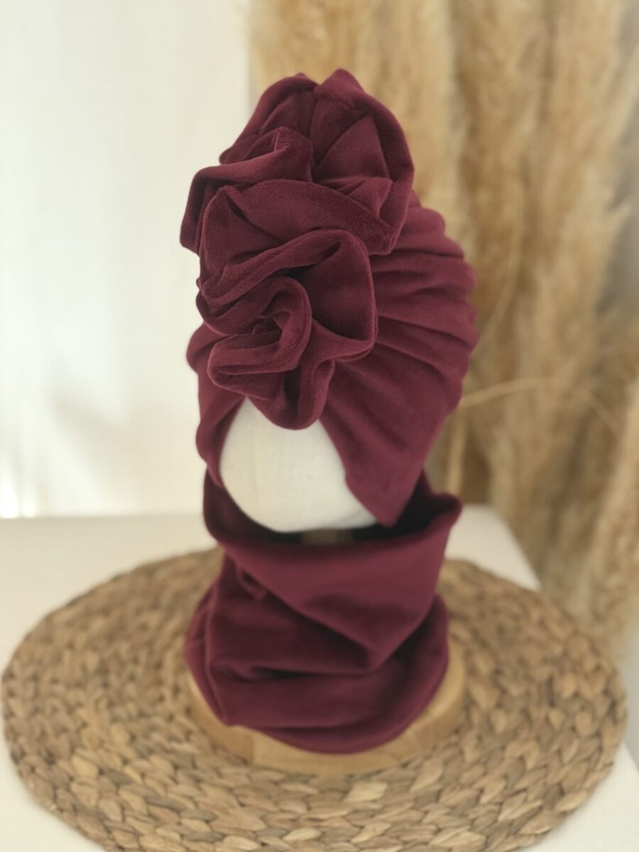 Komplet welurowy turban i komin (bordo)