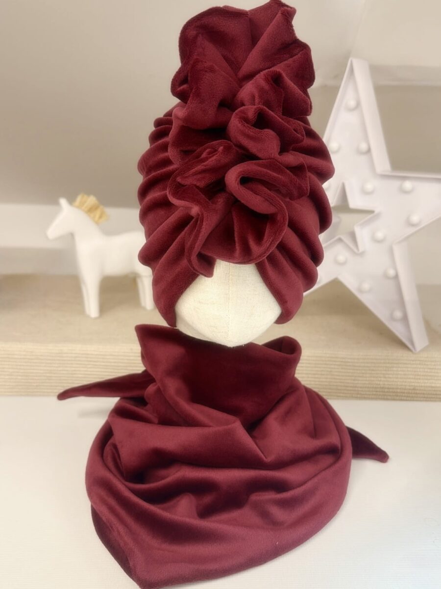 Komplet welurowy turban z falbaną i chusta (bordo)