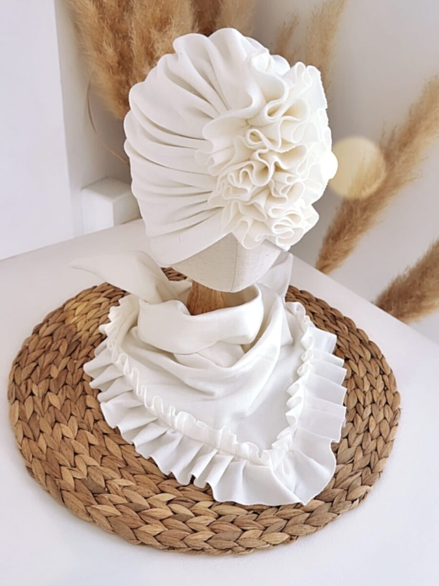 Komplet turban z falbaną i chusta z falbaną (śmietankowy)