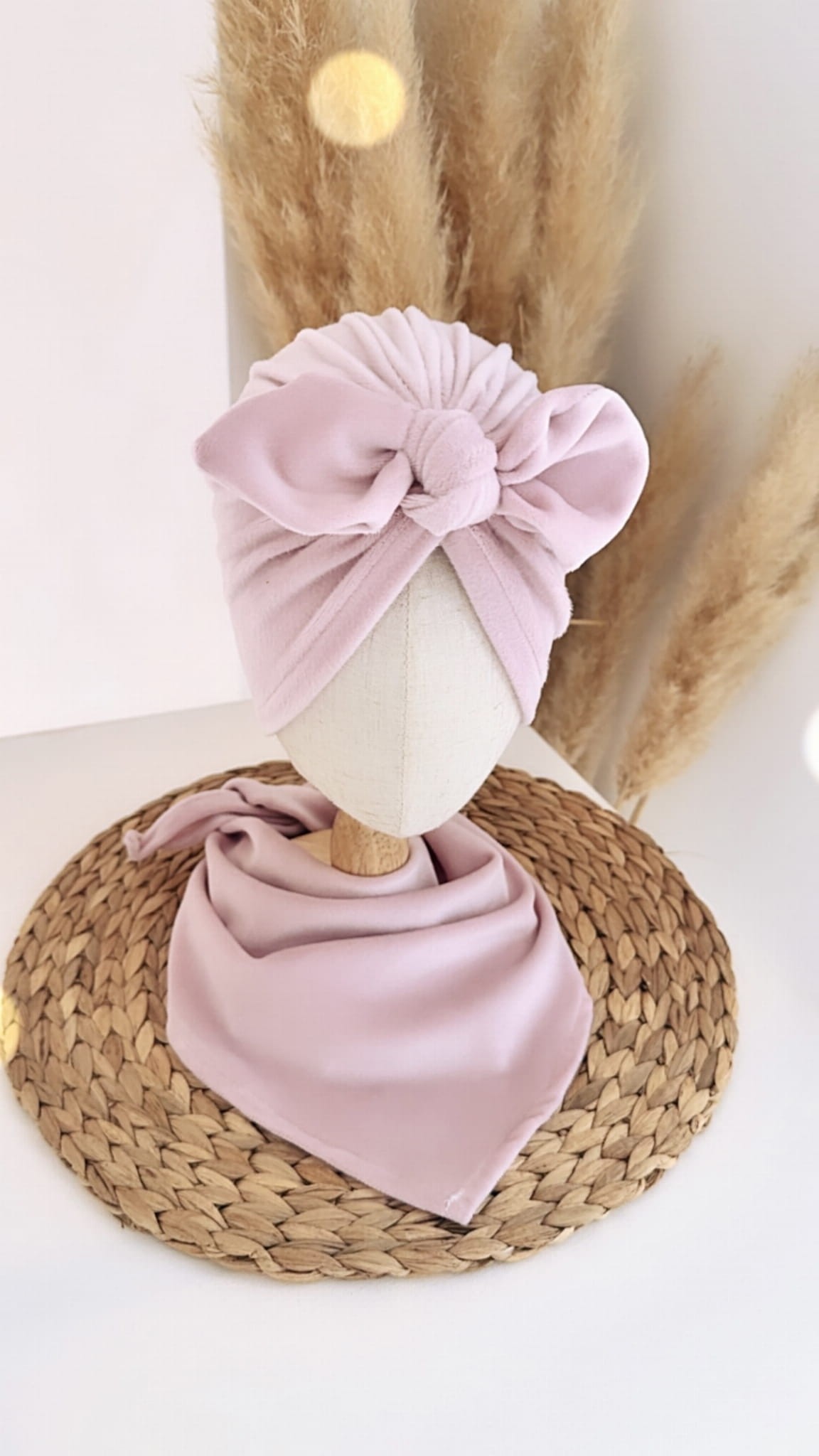 Komplet welurowy turban z kokardą i chusta (pudrowy róż)