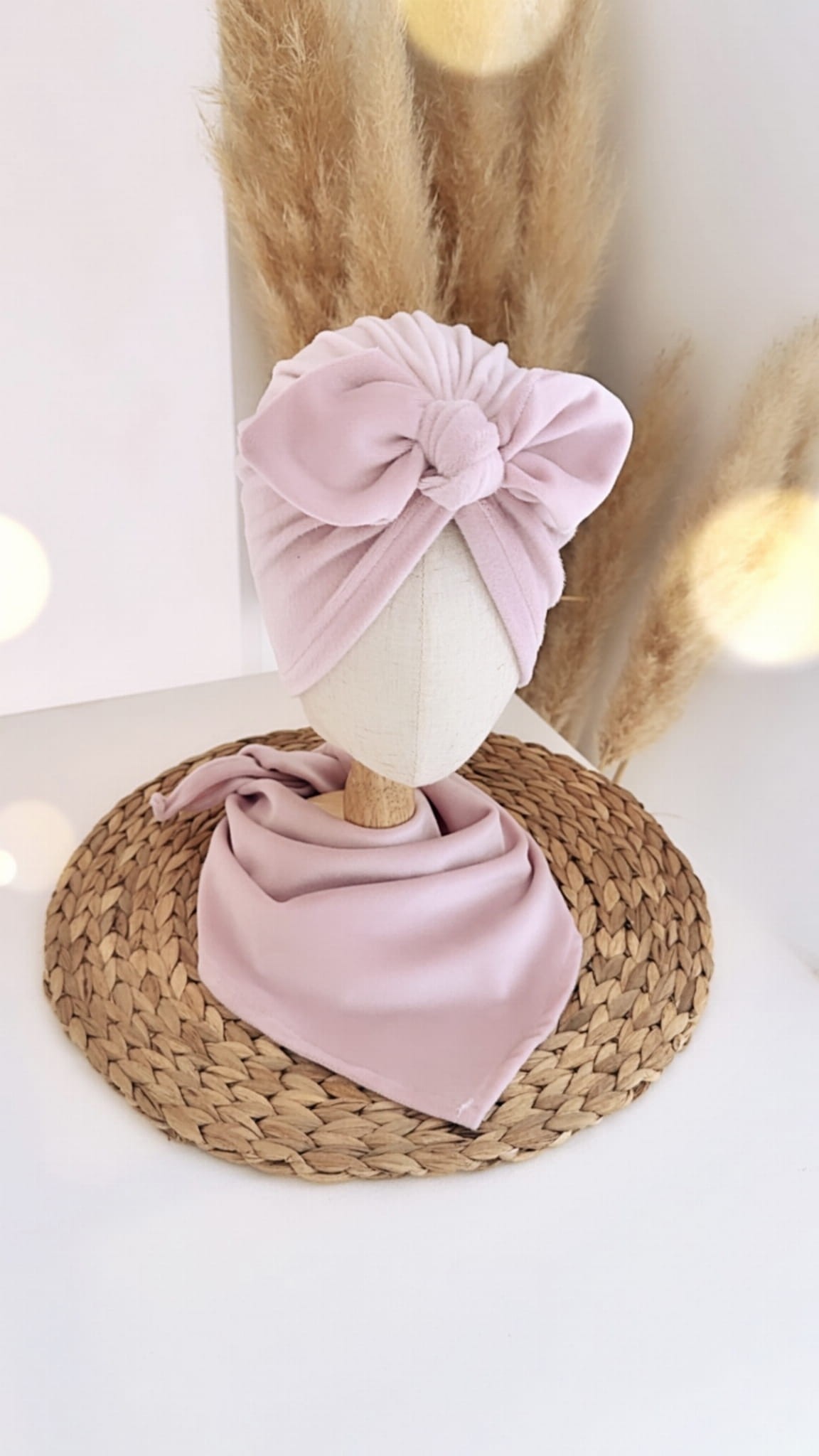 Komplet welurowy turban z kokardą i chusta (pudrowy róż) - obrazek 2