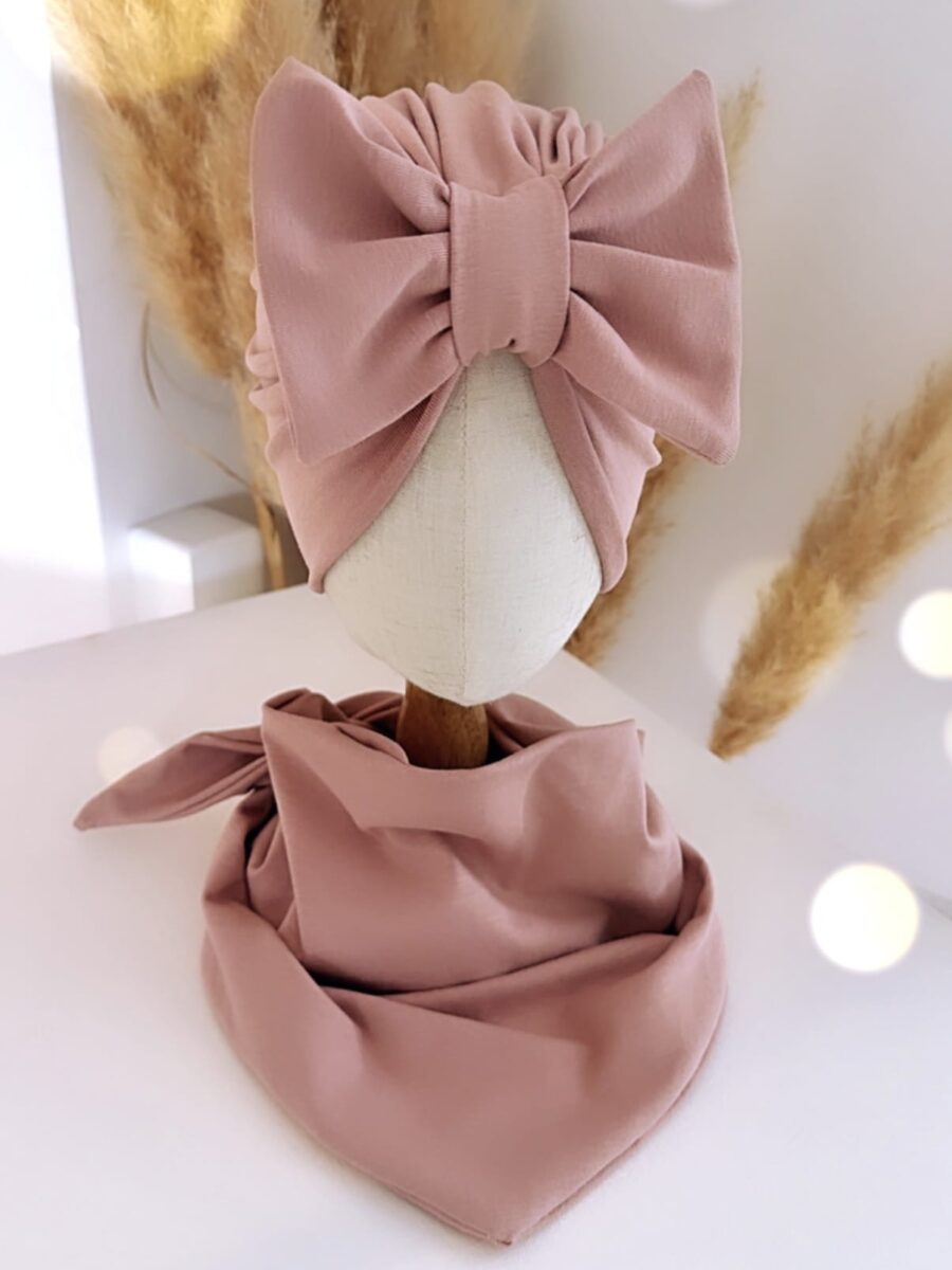 Komplet turban z kokardą i chusta (pudrowy róż)