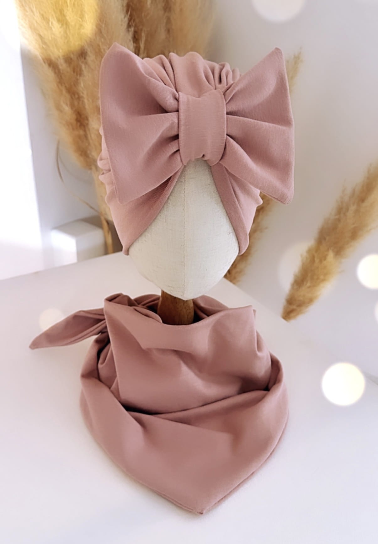 Komplet turban z kokardą i chusta (pudrowy róż)