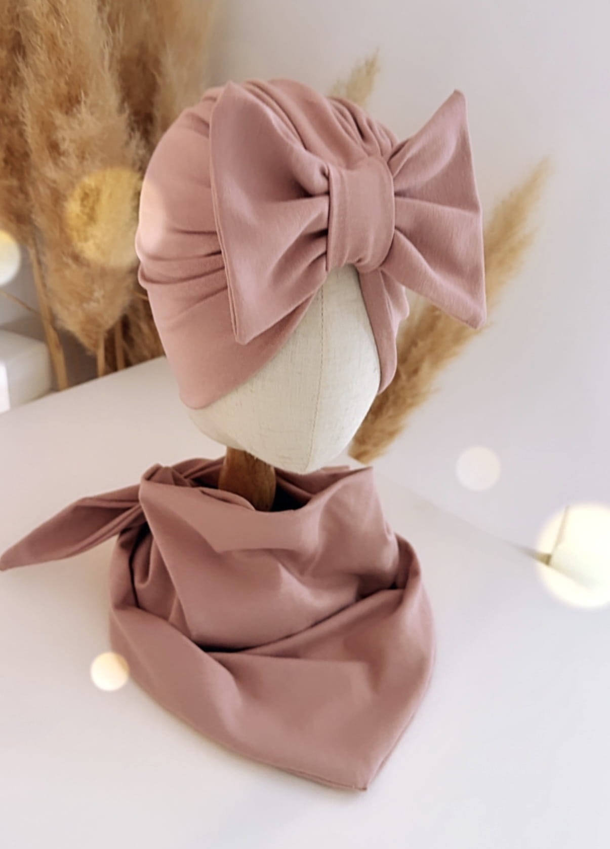 Komplet turban z kokardą i chusta (pudrowy róż) - obrazek 2