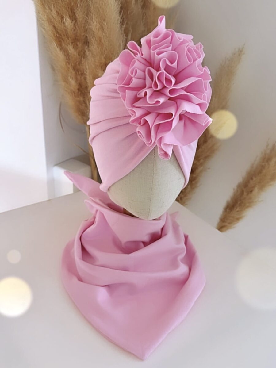 Komplet turban z falbaną i chusta (cukierkowy róż)