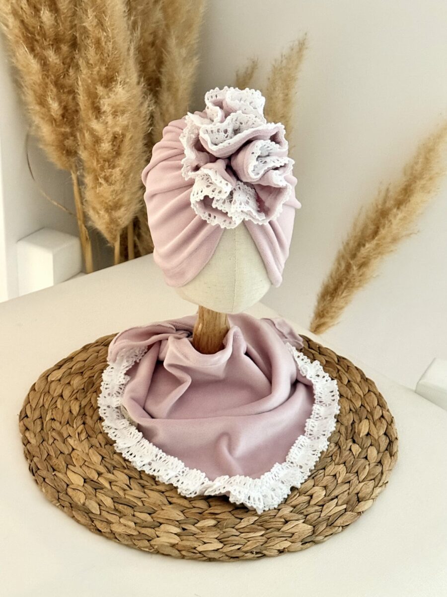 Komplet welurowy turban i chusta koronka (pudrowy)