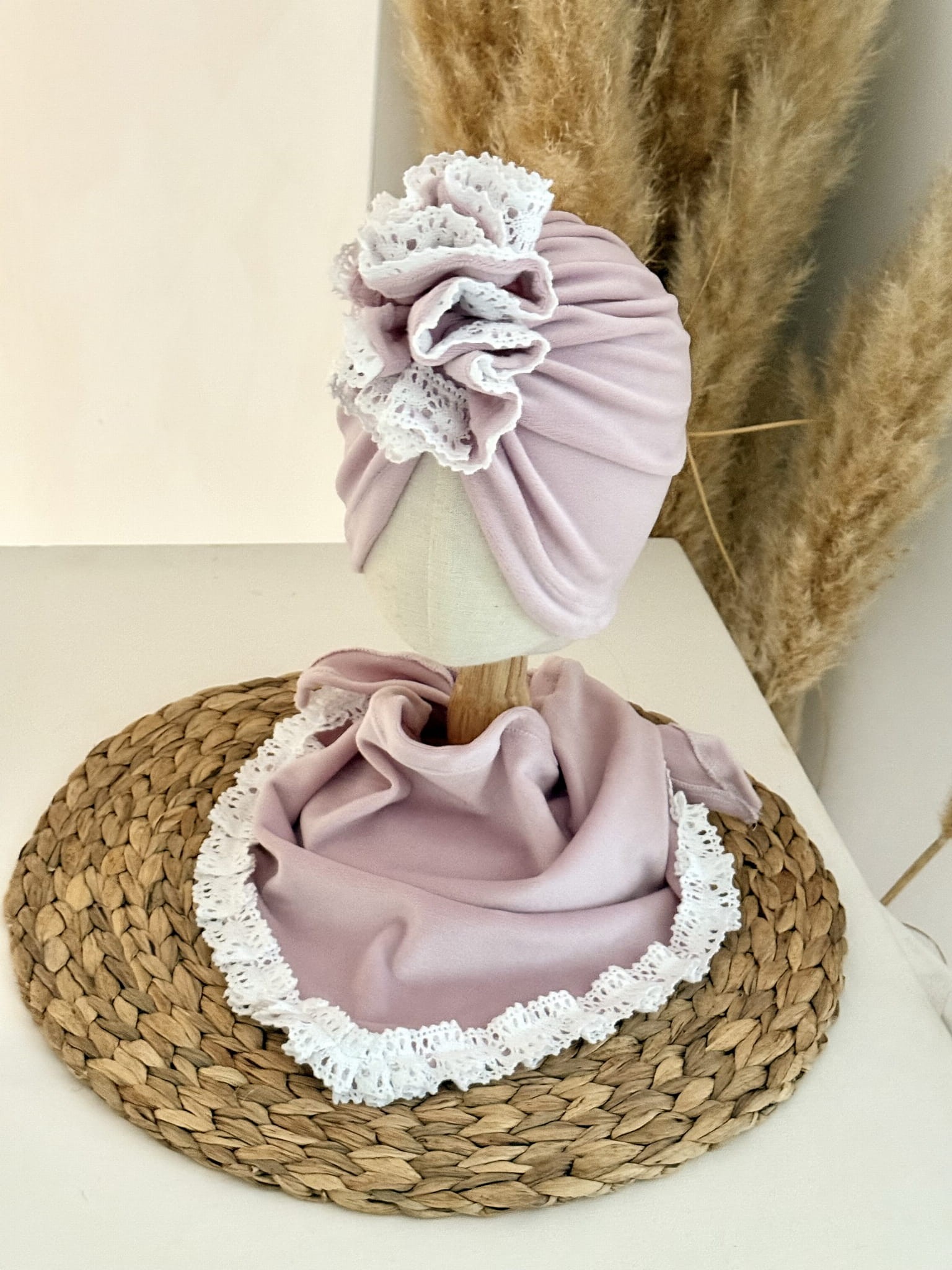Komplet welurowy turban i chusta koronka (pudrowy) - obrazek 2