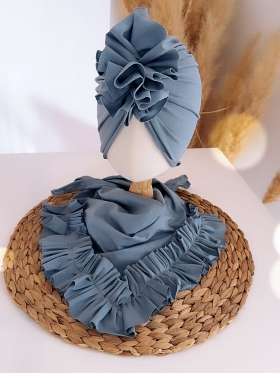 Komplet turban z falbaną i chusta z falbaną (ice blue)
