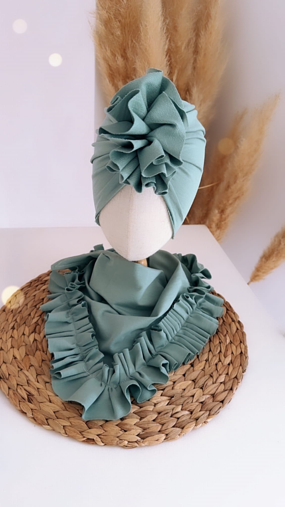 Komplet turban z falbaną i chusta z falbaną (dusty mint)