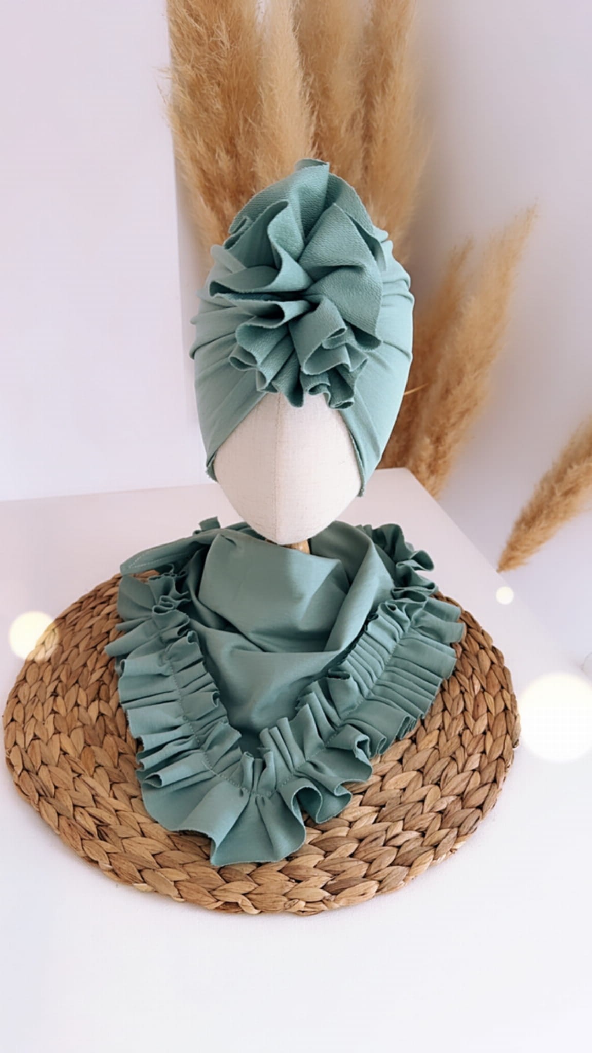 Komplet turban z falbaną i chusta z falbaną (dusty mint) - obrazek 2