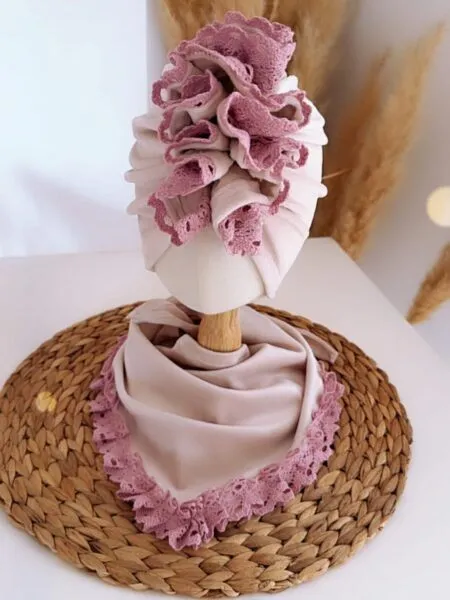 Komplet welurowy turban i chusta koronka (piasek-jasny beż)