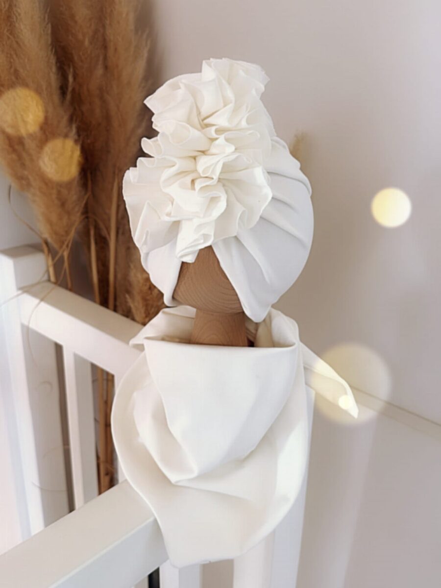 Komplet turban z falbaną i chusta (śmietankowy)