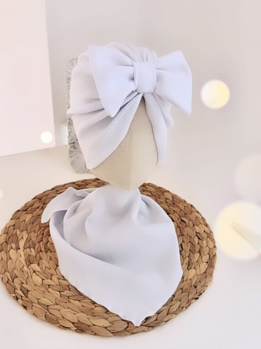 Komplet turban z kokardą i chusta (biały prążek)
