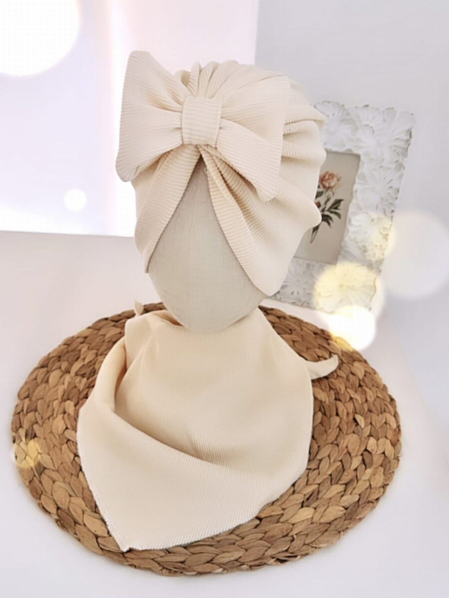 Komplet turban z kokardą i chusta (wanilia prążek)