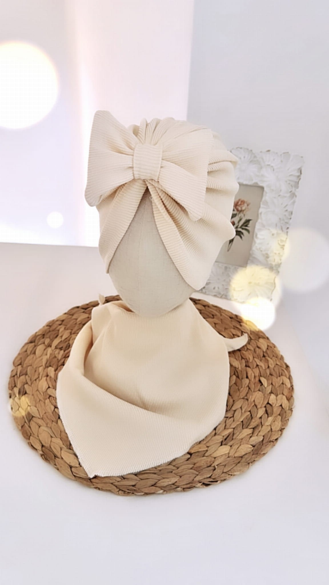 Komplet turban z kokardą i chusta (wanilia prążek)