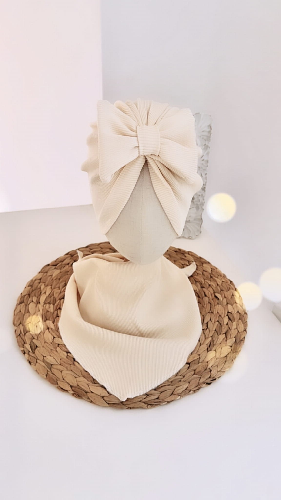 Komplet turban z kokardą i chusta (wanilia prążek) - obrazek 2