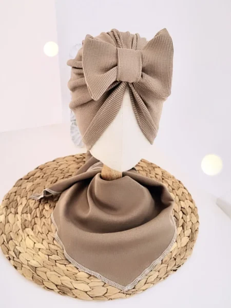 Komplet turban z kokardą i chusta (mokka prążek)
