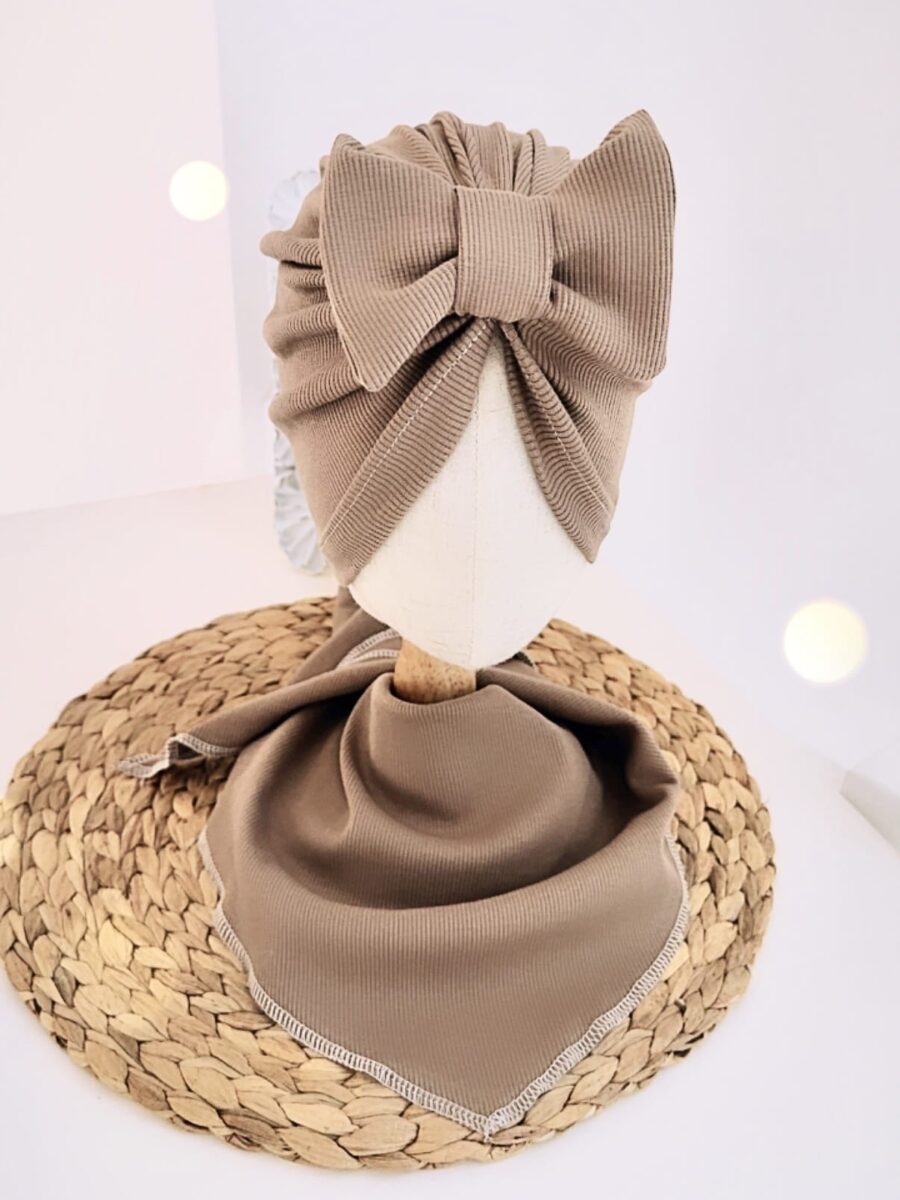 Komplet turban z kokardą i chusta (mokka prążek)
