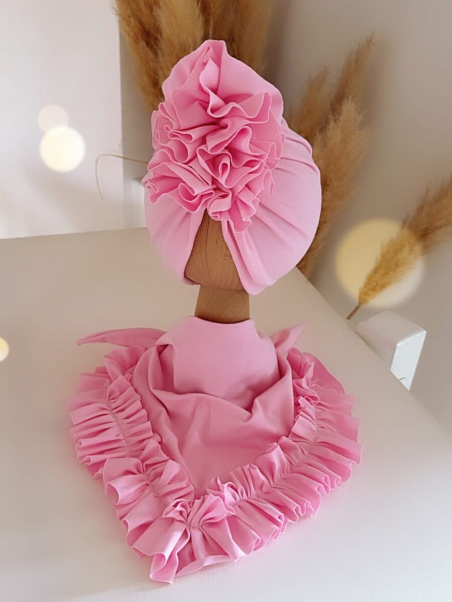 Komplet turban z falbaną i chusta z falbaną (cukierkowy róż)
