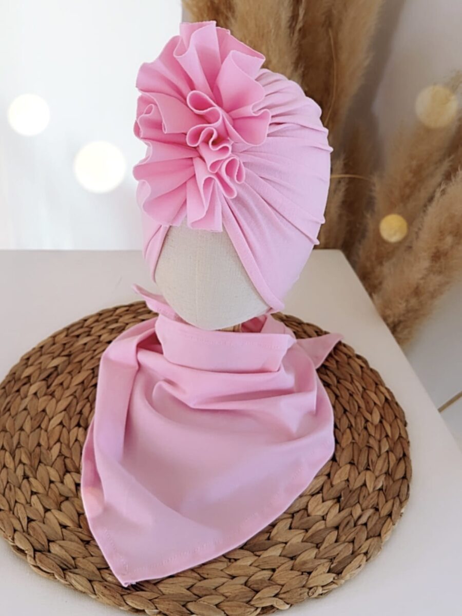 Komplet turban z falbaną i chusta (cukierkowy)
