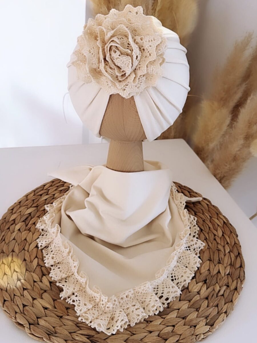 Komplet turban z koronką i chusta z koronką (wanilia)