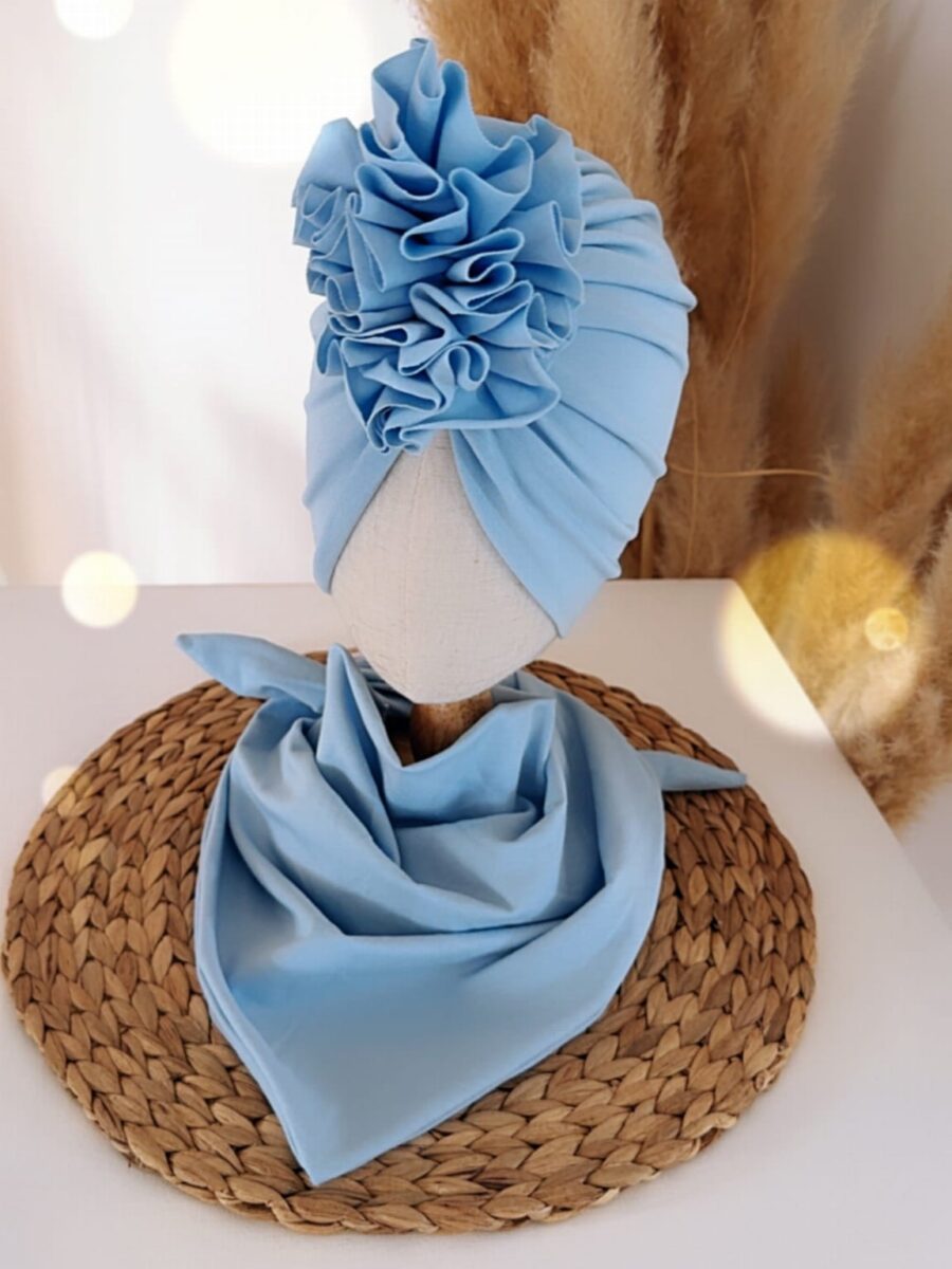 Komplet turban z falbaną i chusta (baby blue)