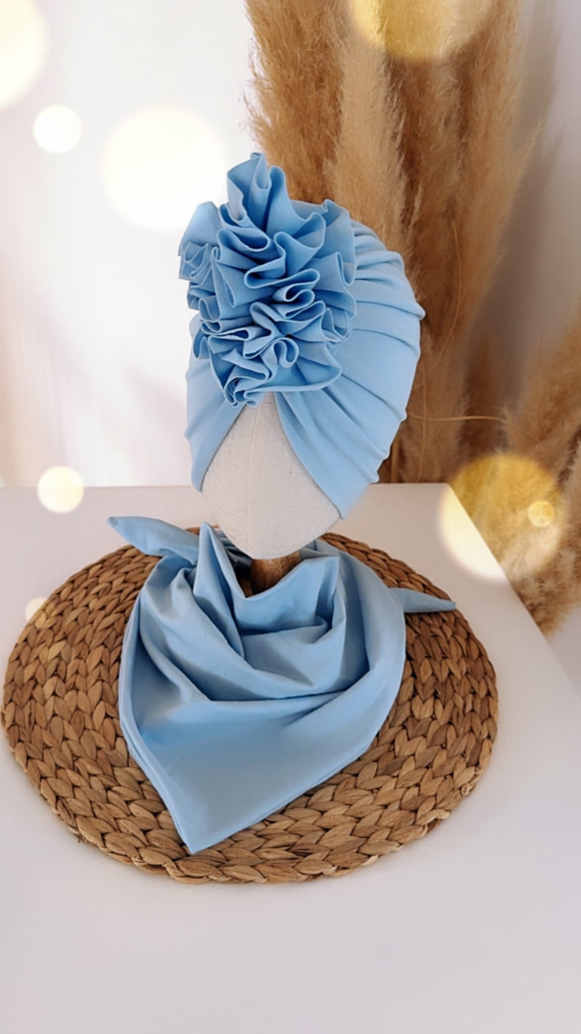 Komplet turban z falbaną i chusta (baby blue)