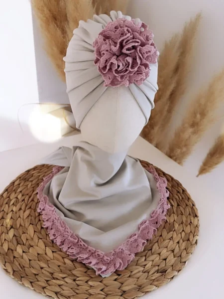Komplet turban z koronką i chusta z koronką (stone)