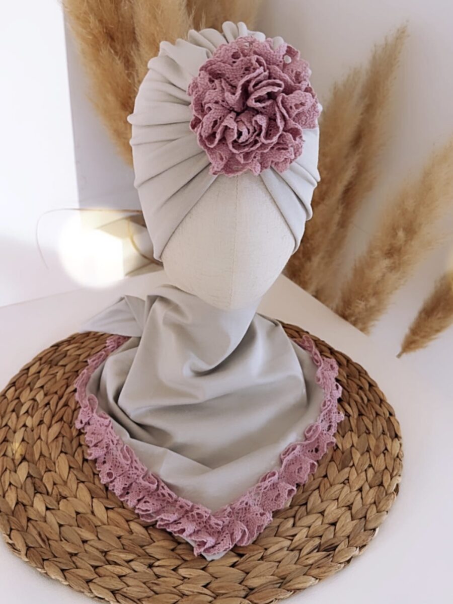 Komplet turban z koronką i chusta z koronką (stone)