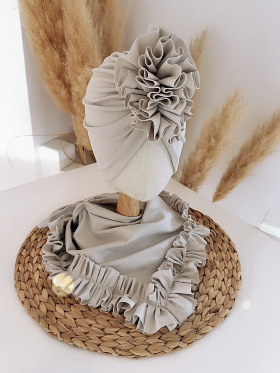 Komplet turban z falbaną i chusta z falbaną (stone)