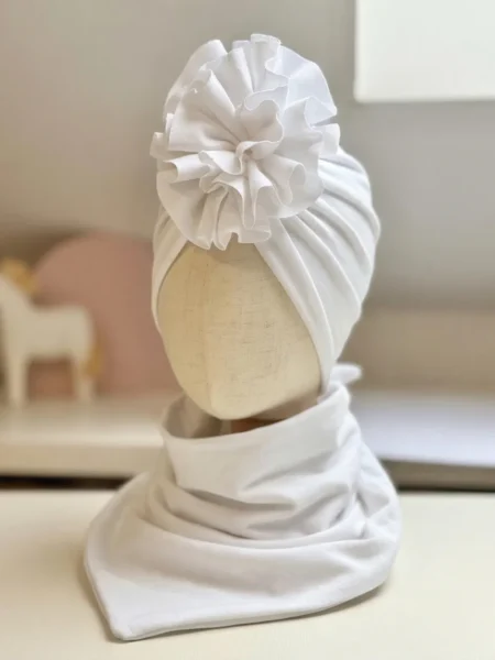 Komplet turban z falbaną i chusta (biały)
