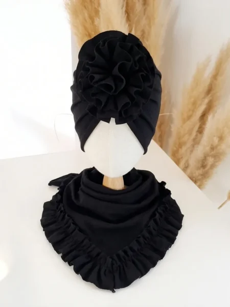 Komplet turban z falbaną i chusta z falbaną (czarny)