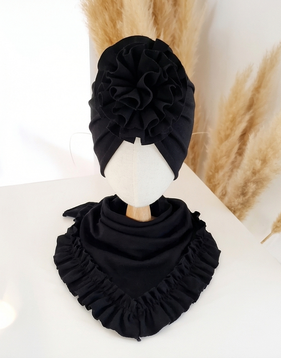 Komplet turban z falbaną i chusta z falbaną (czarny)