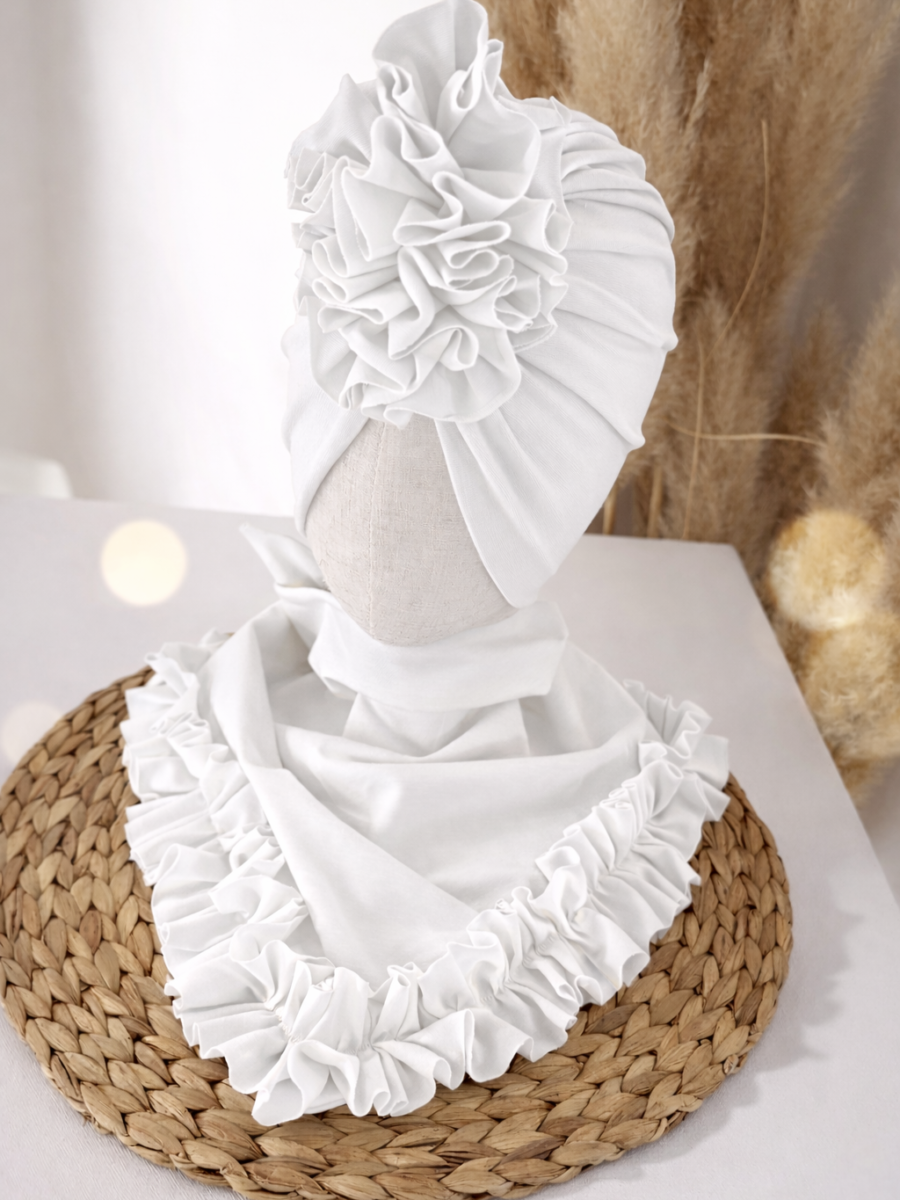 Komplet turban z falbaną i chusta z falbaną (biały)
