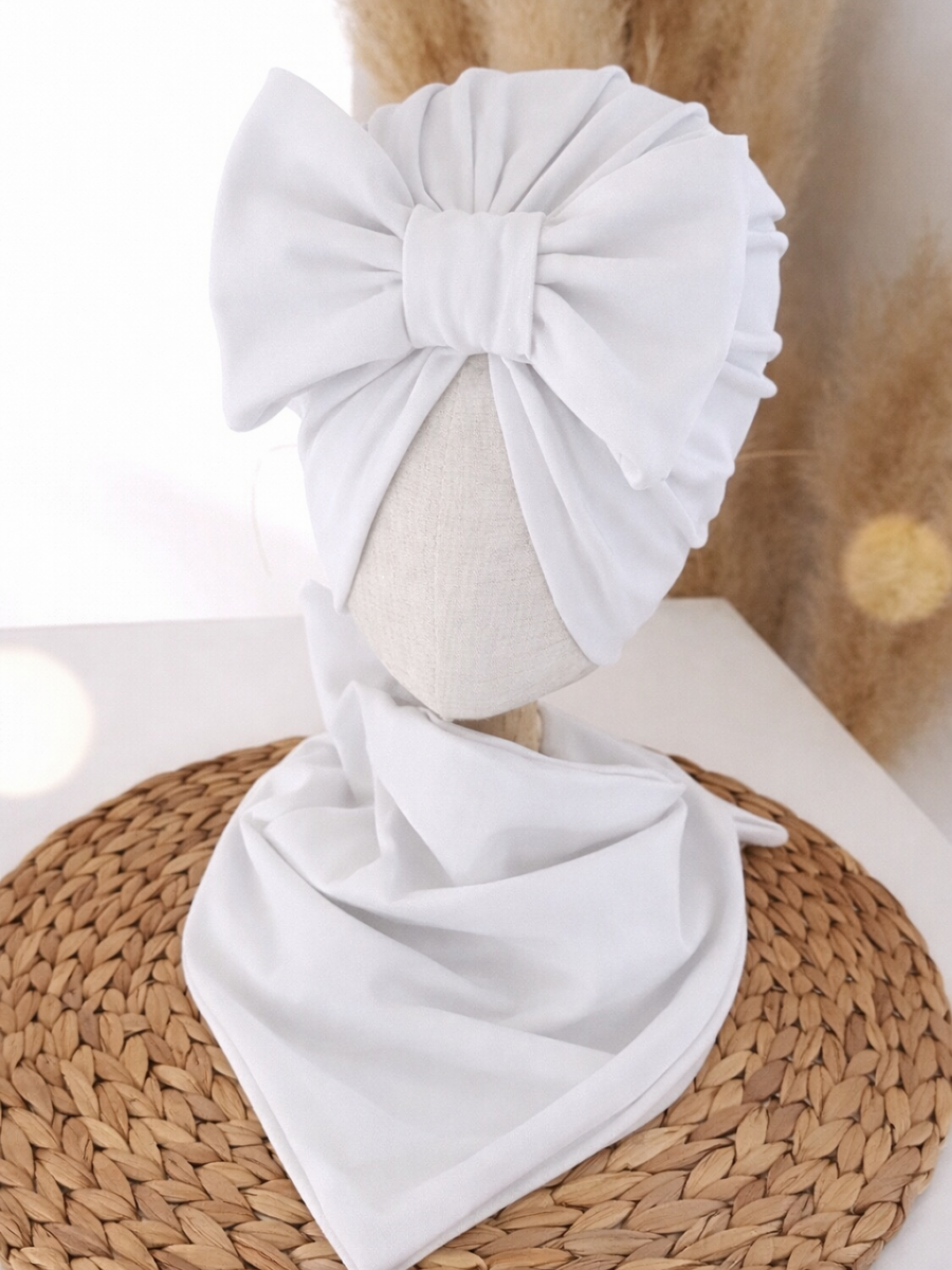 Komplet turban z kokardą i chusta (biały)