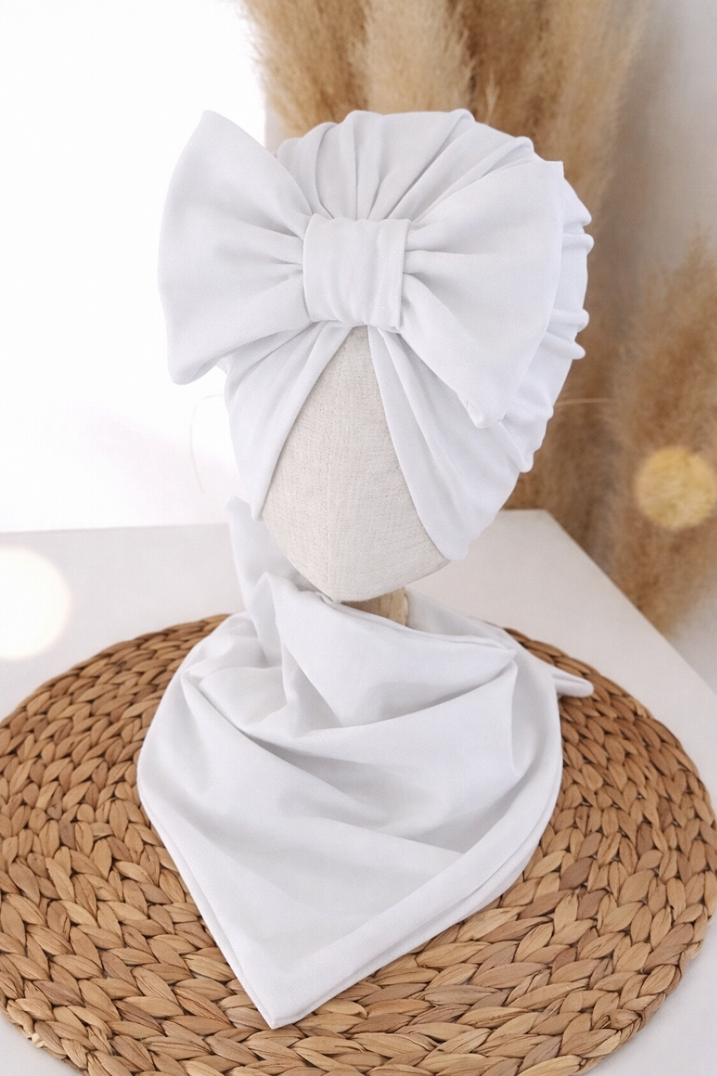 Komplet turban z kokardą i chusta (biały)