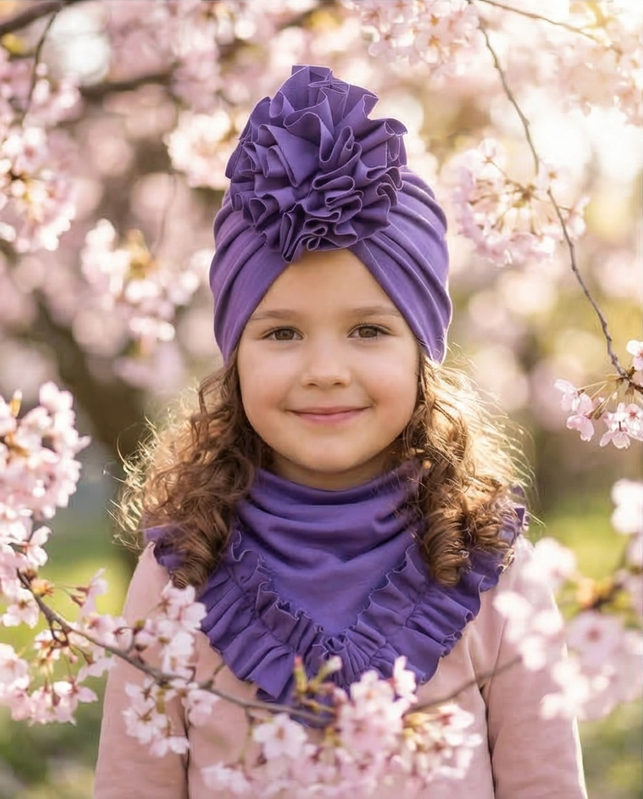 Komplet turban z falbaną i chusta z falbaną (fiolet) - obrazek 4
