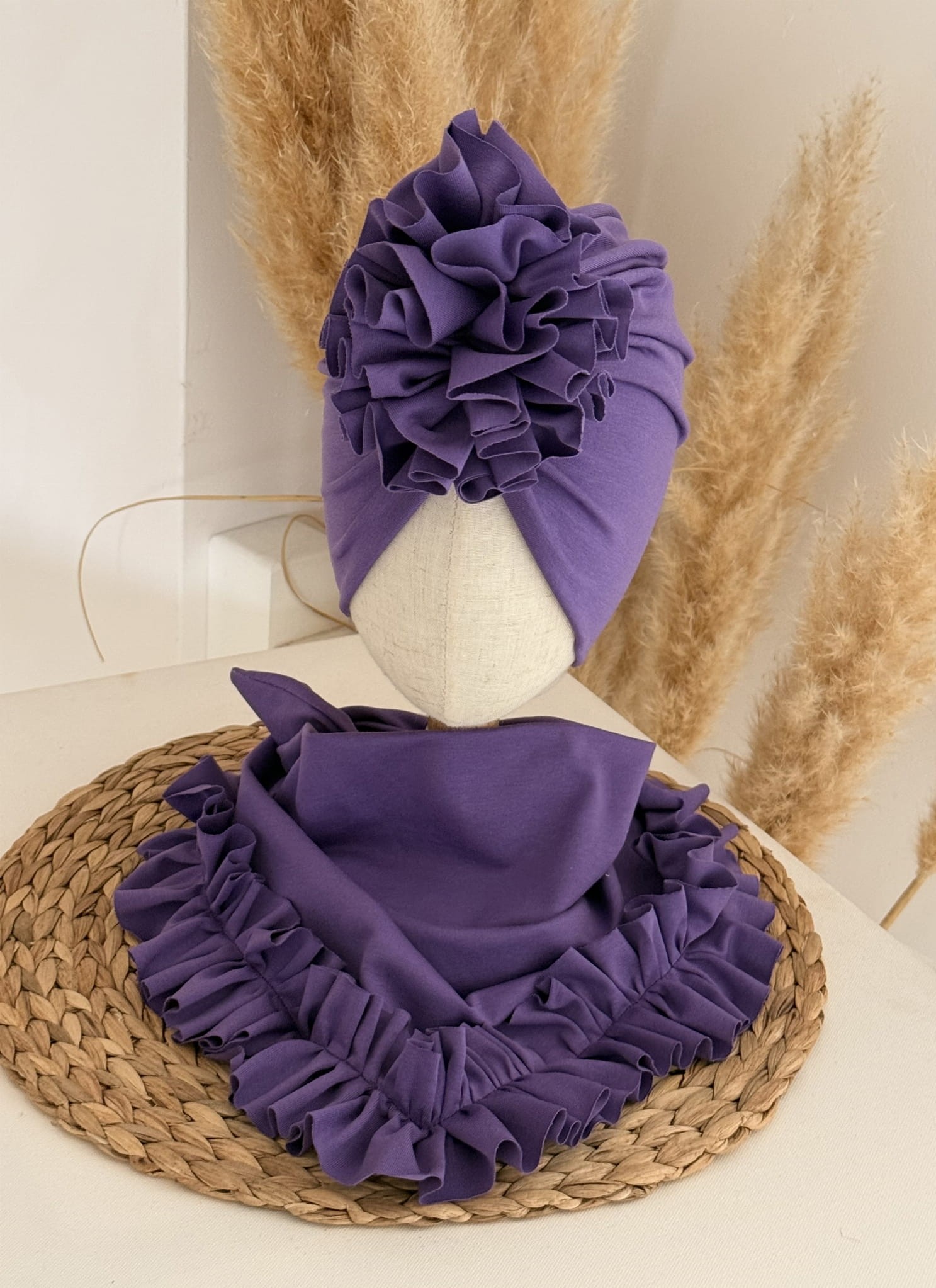 Komplet turban z falbaną i chusta z falbaną (fiolet) - obrazek 2