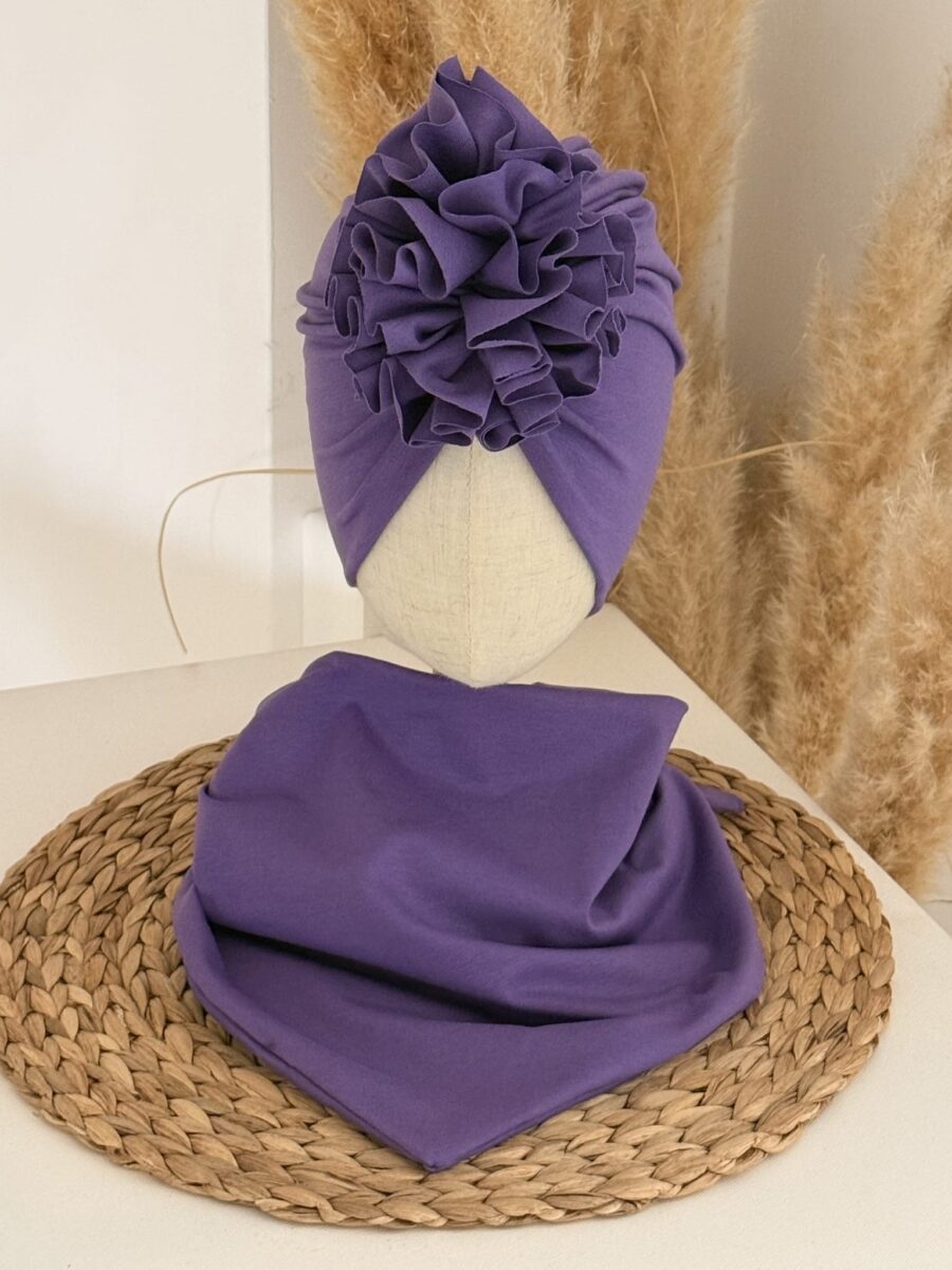 Komplet turban z falbaną i chusta (fiolet)