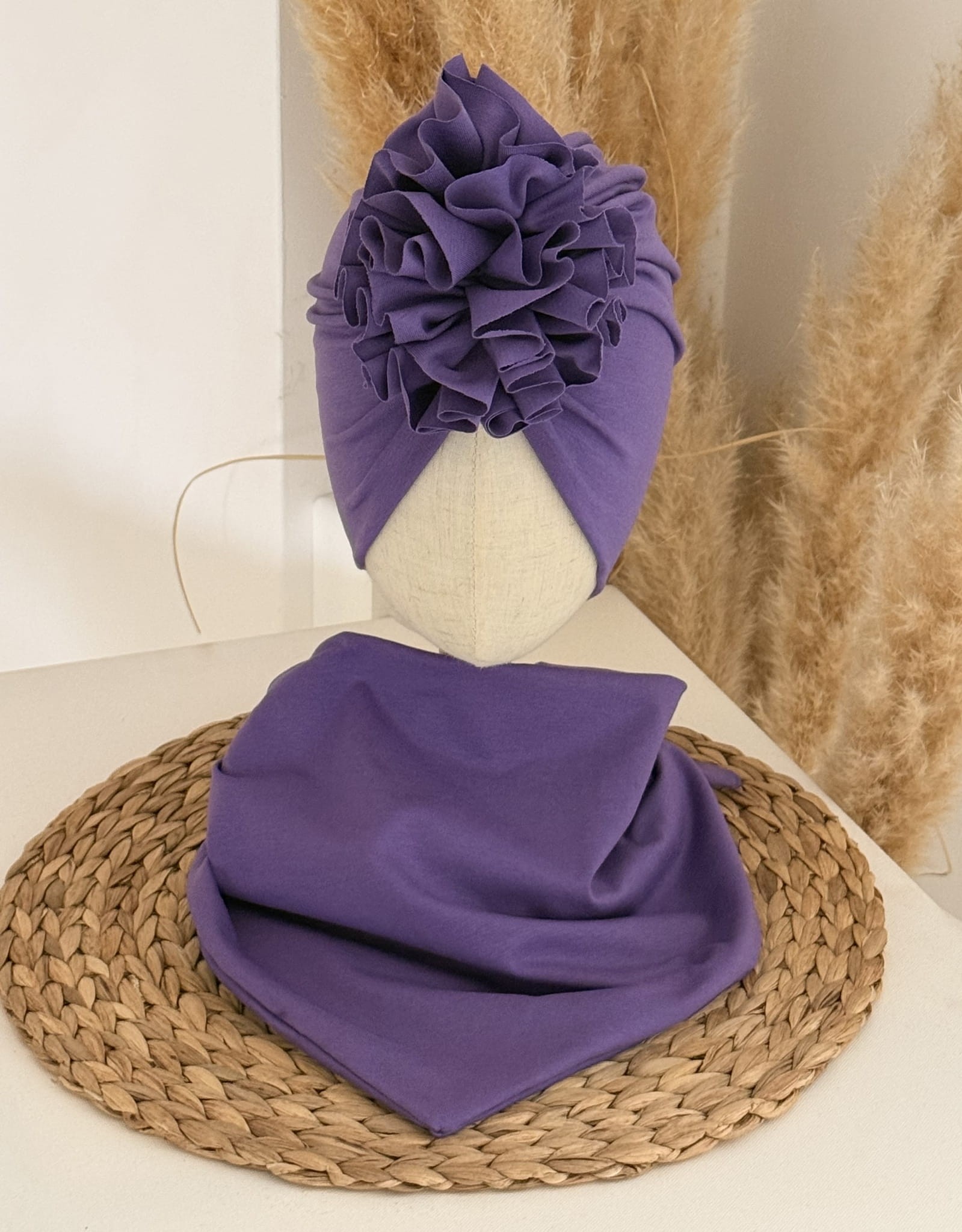 Komplet turban z falbaną i chusta (fiolet)