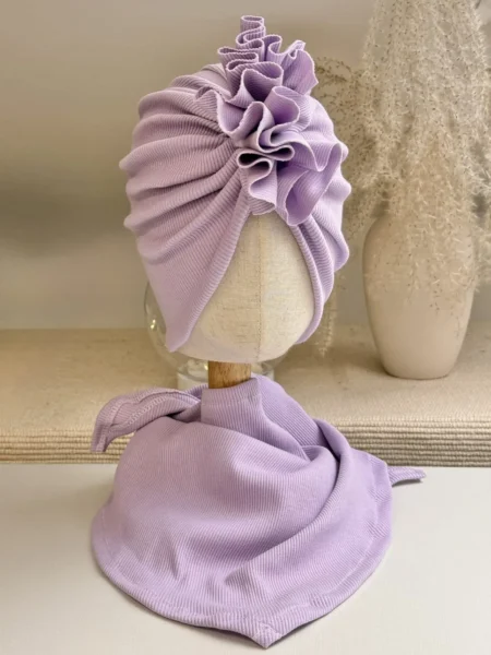 Komplet prążkowany turban z falbaną i chusta (lila)