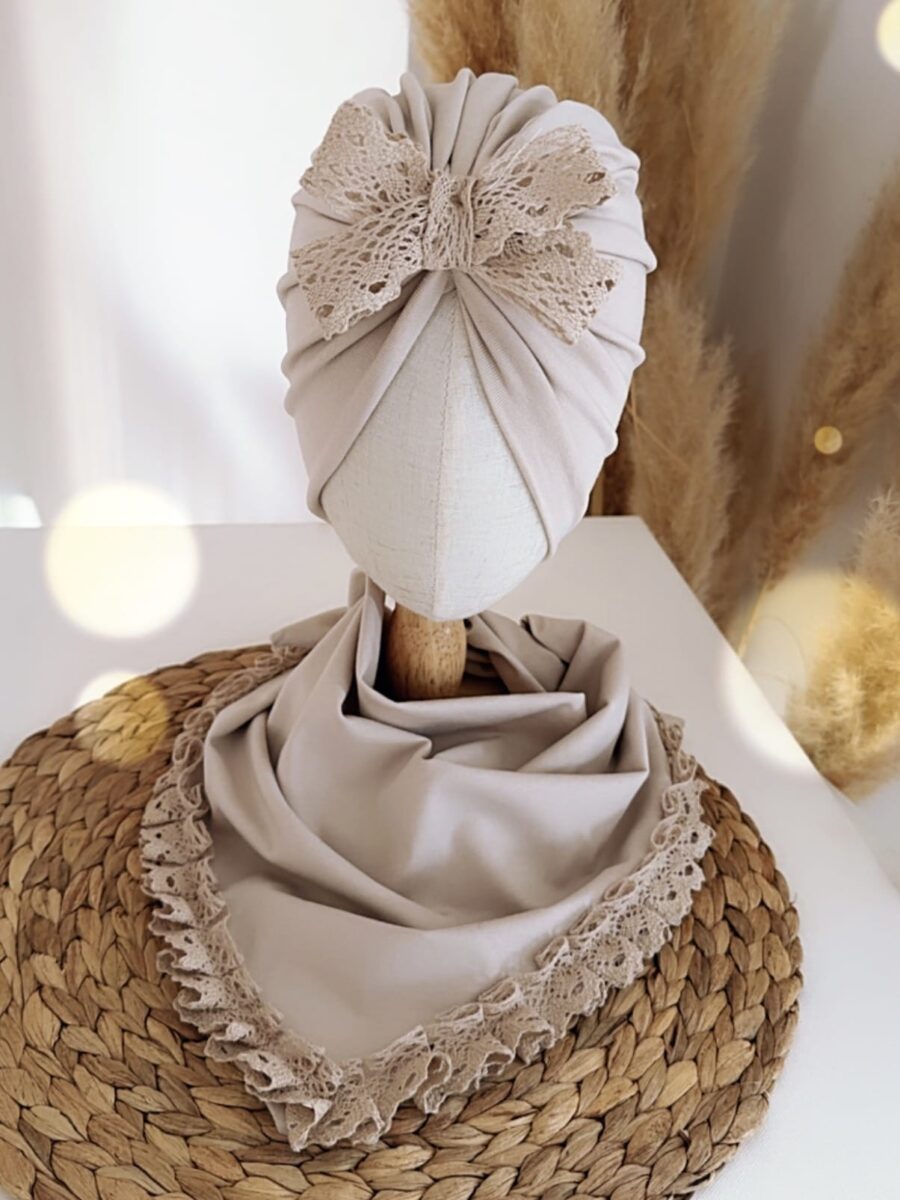 Komplet turban z koronką i chusta z koronką (jasny beż)